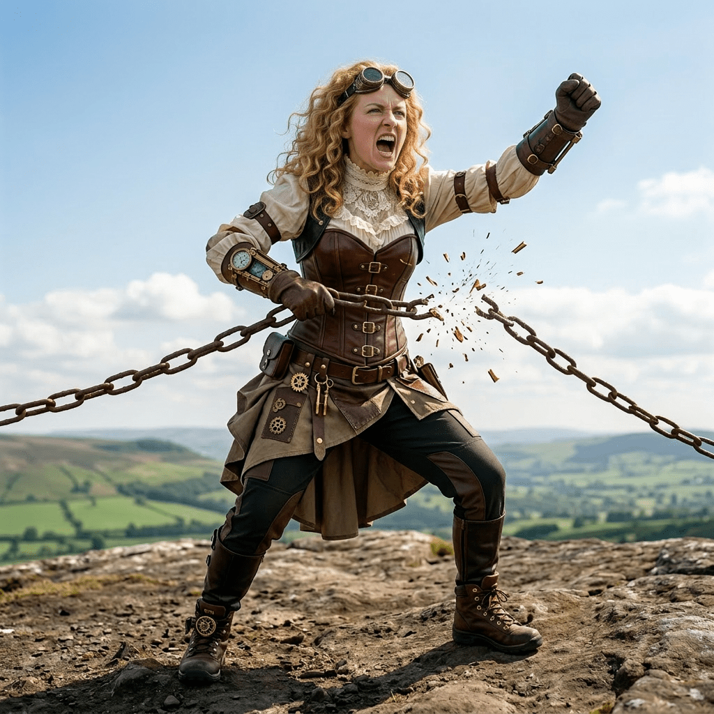 Person breaking rusty heavy chains outdoors at sunset