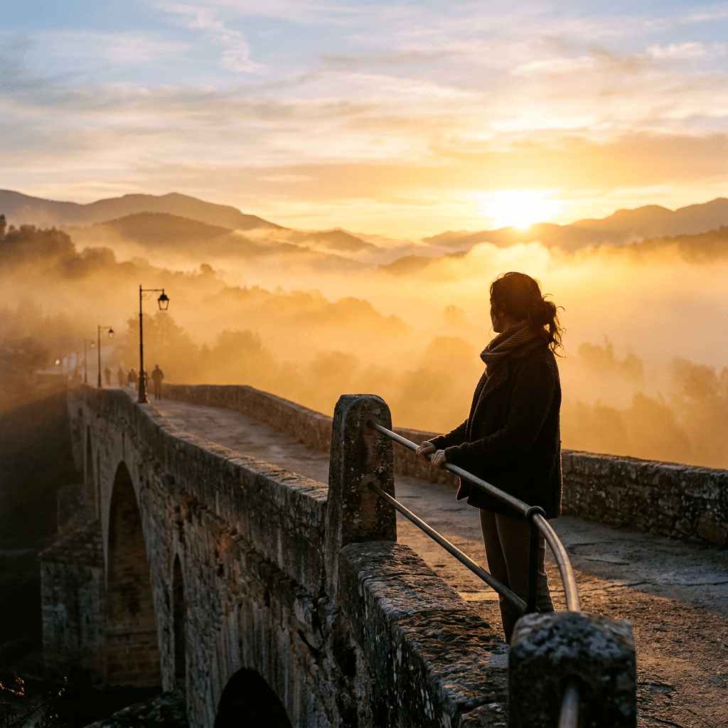 Person standing on ancient stone bridge looking at sunset over misty hills