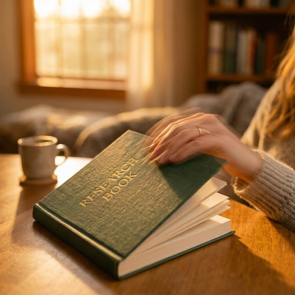 Person holding and reading a green hardcover book titled The Secret Garden