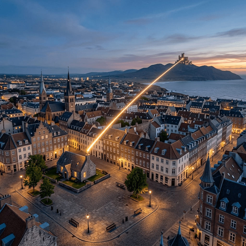 Two isolated cottages connected by a glowing light arc at dusk in a rural valley