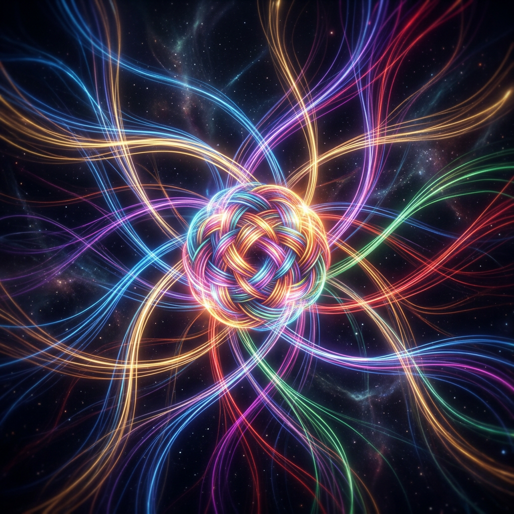 Glowing multicolored intertwined light strands forming a central knot with radiating lines