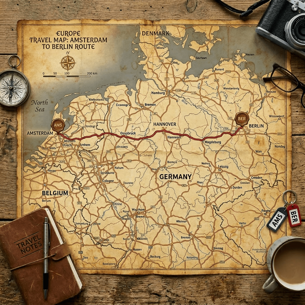 Map of Europe highlighting travel route from Amsterdam to Berlin through Germany